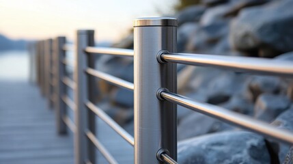 Stainless steel railing by rocky lakeside at sunset with soft focus