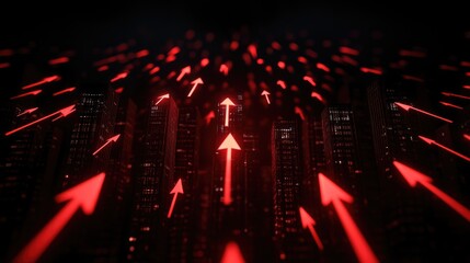 Dynamic red arrows symbolizing growth in a cityscape