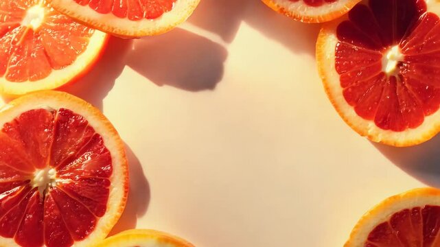 Bright and vibrant slices of fresh grapefruit arranged in a circular frame, casting soft shadows on a light background. The rich, juicy texture and radiant color of the fruit create an inviting 