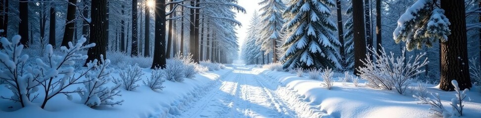 Fototapeta premium Snow-covered forest pathway winding through dense foliage, white, nature
