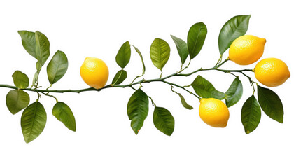 a branch featuring vibrant yellow lemons and green leaves arranged elegantly on a white background showcasing the freshness and natural beauty of citrus fruits