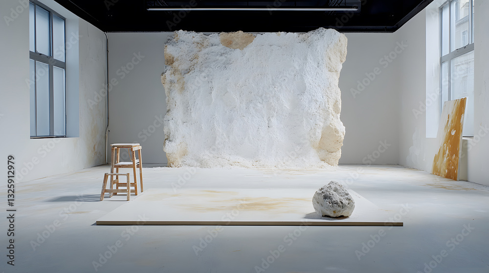 Poster a minimalist art space featuring a large textured wall, a wooden chair, and a sculptural element on 