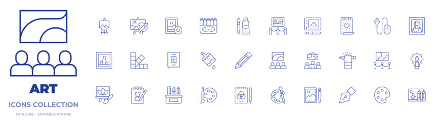 Art icons collection. Thin Line icons, editable stroke. art, art and design, art book, art show, canvas, landscape, drawing, color pencils, poster, pen