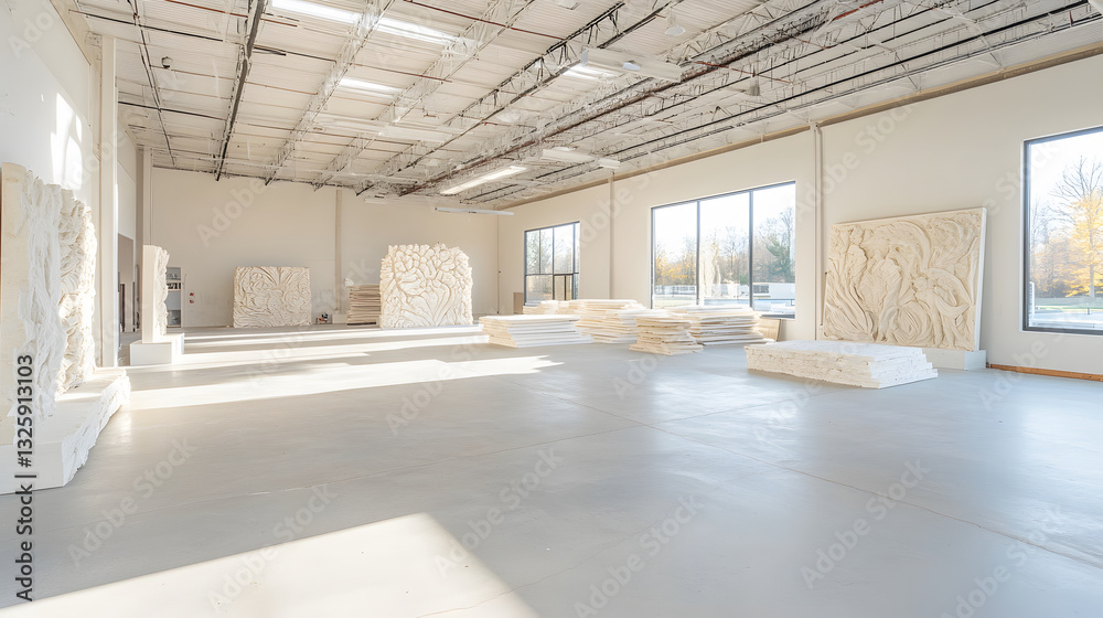 Poster a spacious, well-lit gallery featuring abstract sculptures and smooth, minimalist surfaces, creating