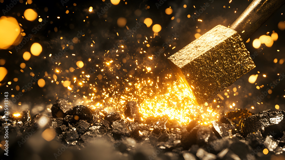 Poster A close-up of a golden hammer striking a surface, creating a burst of sparkling gold particles against a dark background