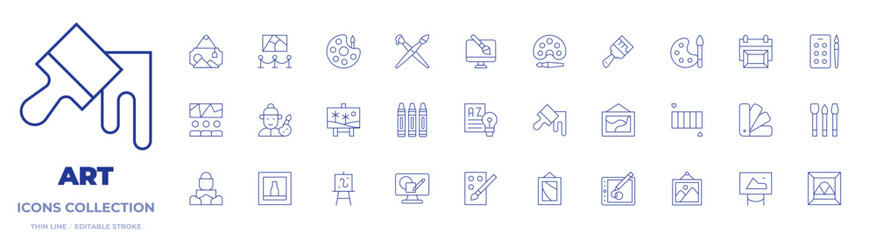 Art icons collection. Thin Line icons, editable stroke. world art day, art and design, art, art gallery, painting, brush, paint, graphic tablet, picture