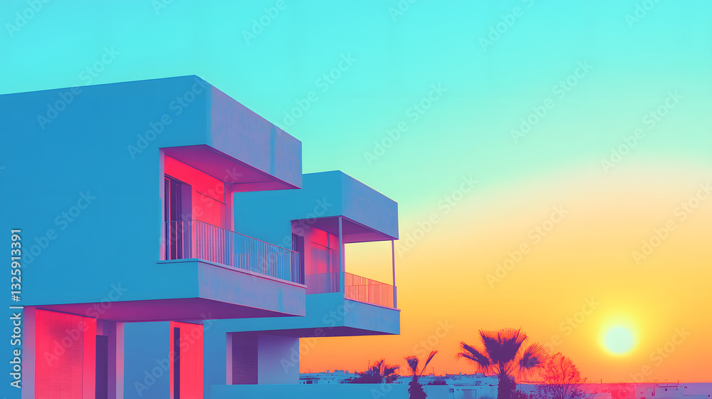 Poster A vibrant sunset casts colorful hues over modern architecture with palm trees, creating a serene and picturesque atmosphere