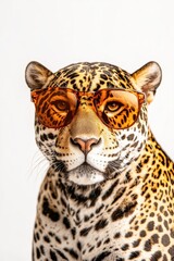 Fototapeta premium Creative leopard wearing sunglasses posing confidently in studio, animal portrait, wildlife photography, stylish fashion, unique art concept, trendy nature vibes.