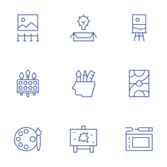 Art icons set. Thin Line style, editable stroke. art and design, art therapy, painting, court, graphic tablet, museum, watercolors