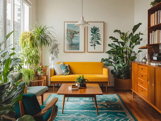 Fototapeta premium A stylish mid-century modern living room with a classic walnut wood coffee table, a vintage mustard-yellow sofa.