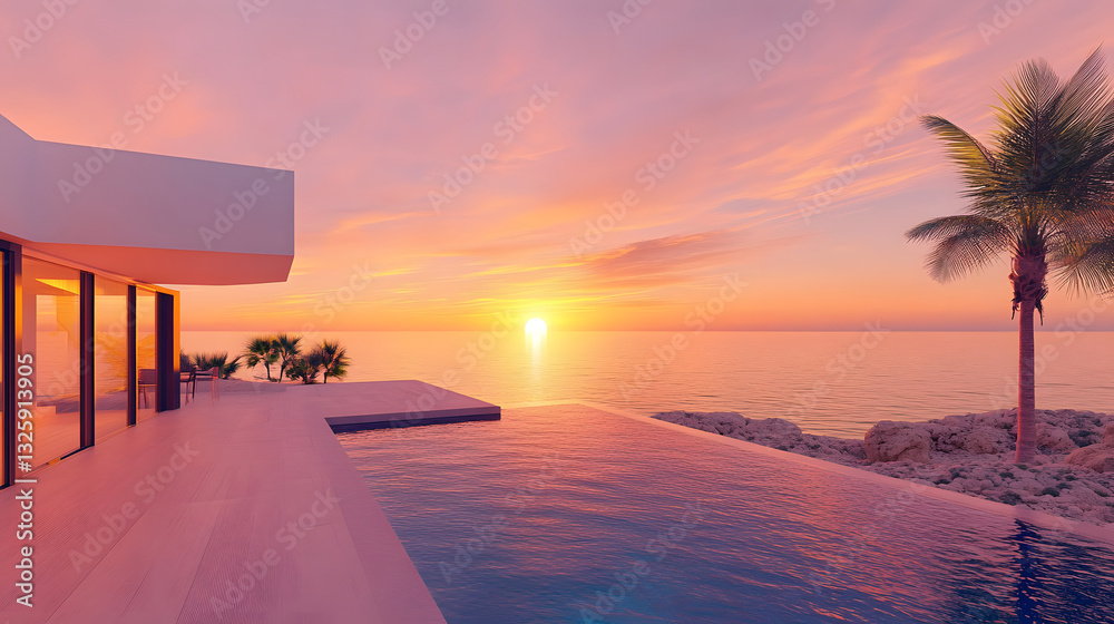 Poster a stunning sunset view over the ocean from a luxurious villa with a pool, surrounded by palm trees, 