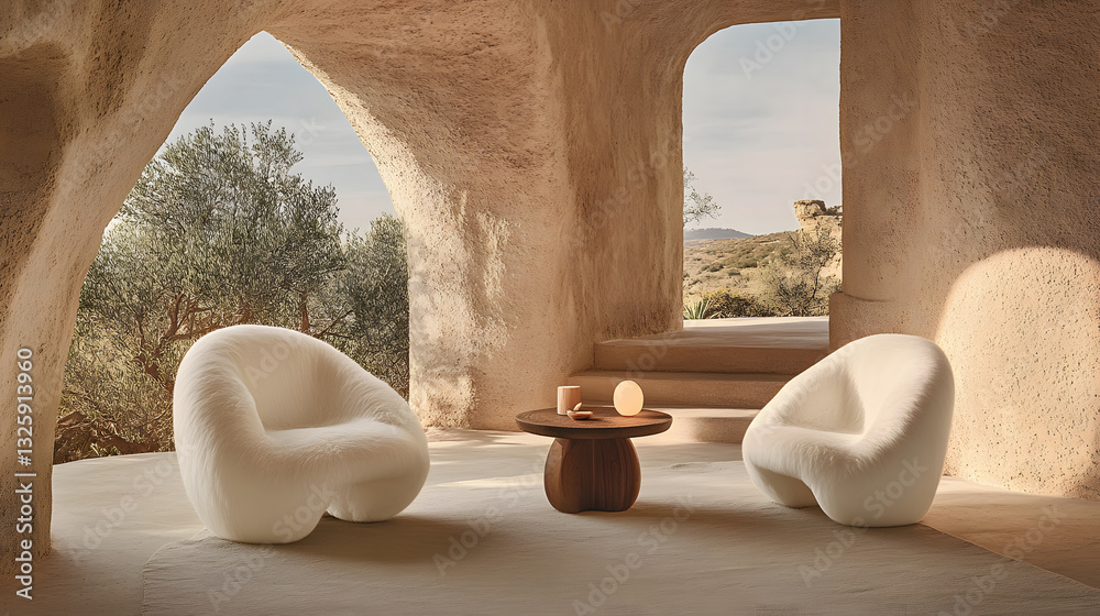Poster a minimalist interior featuring two sculptural chairs and a round table in a natural setting with so