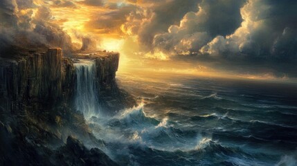 Dramatic Cliffside Waterfall at Sunrise over Turbulent Sea