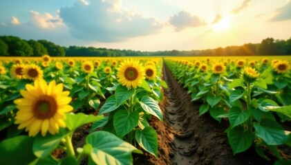 Sugar beets growing in the fields with sunny sky, landscape, sunflowers