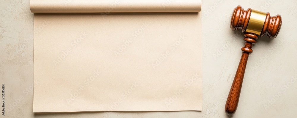 Poster a gavel rests beside a blank sheet of paper, symbolizing justice and decision-making in a legal cont