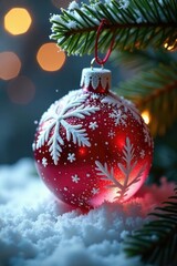 Sugar snow clings to the intricate details of a crystal ornament, glass, frosted, ornament