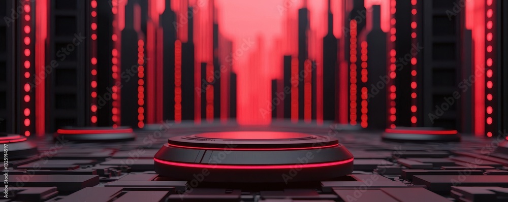 Aufkleber a futuristic digital landscape featuring glowing red elements and abstract structures, creating an i