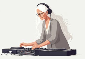 Elderly woman DJing with turntables, showcasing her passion for music