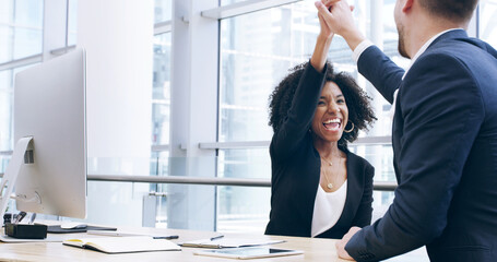 High five, success and teamwork with business people and computer for deal, achievement and client approval. Winner, support and good news with employees in office for celebration and congratulations