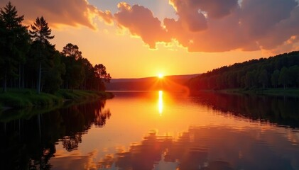 Sun's warm rays on the river's surface at sunset, serene, lake, swedish