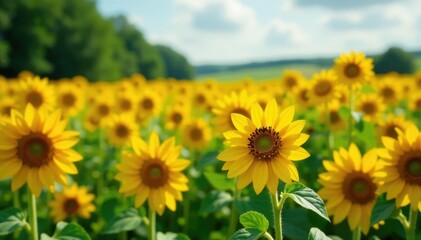 Fototapeta premium Sunflower fields with yellow rose wildflowers, garden, countryside, sunflowers