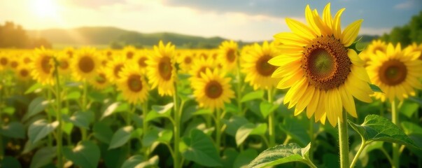 Fototapeta premium Sunflower fields with tall stalks swaying in breeze, sunflowers, summer