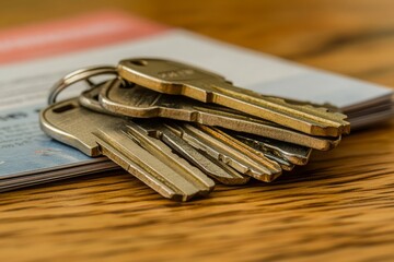 Close-Up of Metal Keys on Wooden Surface with Paper Background