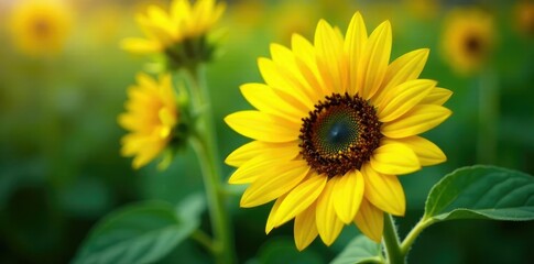 Sunflower petals unfolding against green foliage, blossoms, yellow