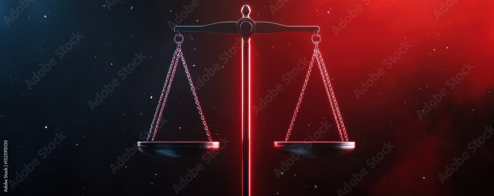 Poster a digital representation of a balanced scale set against contrasting red and blue backgrounds, symbo