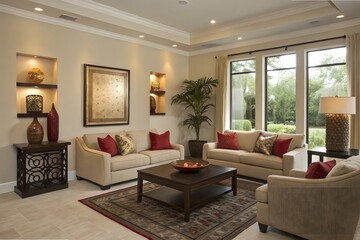 Fototapeta premium An interior design image of a modern living room with a neutral color palette, featuring a beige sectional sofa with accent pillows, a dark wood coffee table, two armchairs, and tall decorative vases 