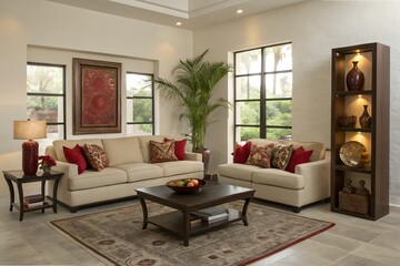 An interior design image of a modern living room with a neutral color palette, featuring a beige sectional sofa with accent pillows, a dark wood coffee table, two armchairs, and tall decorative vases 