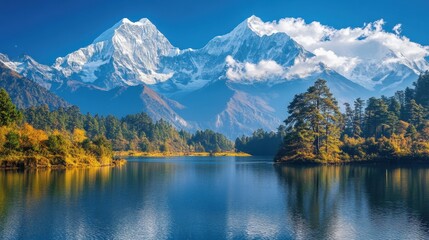 Majestic snow-capped mountains reflecting in serene lake with evergreen forests