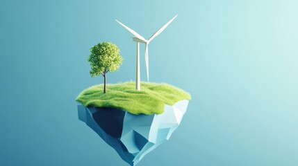 Obraz premium Minimalist Wind Turbine on Grassy Island in Low Poly Style