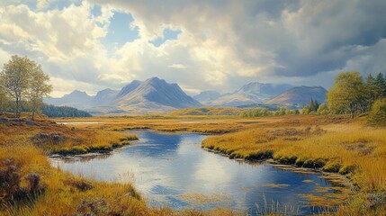 Naklejka premium Tranquil autumn landscape with mountains and calm lake under cloudy sky