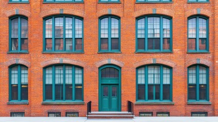 Fototapeta premium Red Brick Building with Green Windows and Front Door in Urban Setting