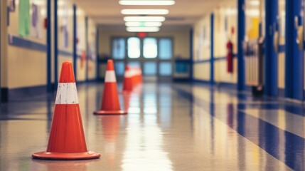 Safety Equipment Placement in Bright School Corridor with Caution Cones