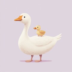 Fototapeta premium Minimalist, hand-painted digital illustration: white goose with chick, soft lines, lilac background, golden-brown beak/feet, Scandinavian-inspired, no outlines