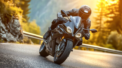 A motorcyclist in full gear leans into a turn on a winding mountain road, riding a high-performance sportbike at sunset.