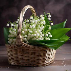Obraz premium Basket with white lilies of the valley on wooden table Spring Spring Flowers