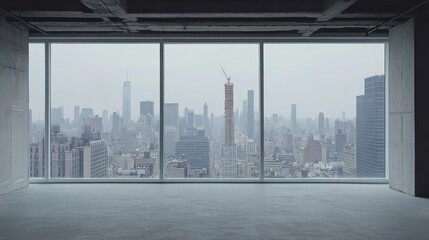 Fototapeta premium Empty modern office with panoramic city view through large window.