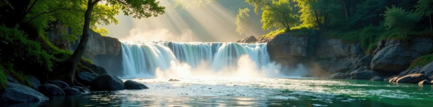 Waterfall on the Chilik river with mist and sunlight, waterfall, river, sunlight