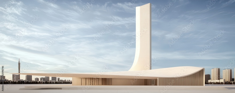 Poster a modern architectural structure featuring a tall, sculptural form and a sweeping base, set against 