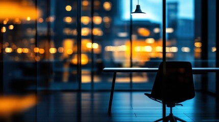 Obraz premium Empty office at night, city lights blurred in background.