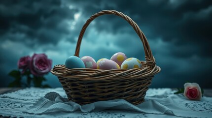 Dramatic Easter Basket with Colorful Eggs Under a Stormy Sky
