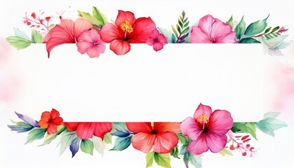 Obraz premium A vibrant watercolor frame with large, tropical hibiscus flowers blooming