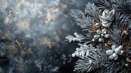 Elegant silver christmas background with festive pine branches and ornaments