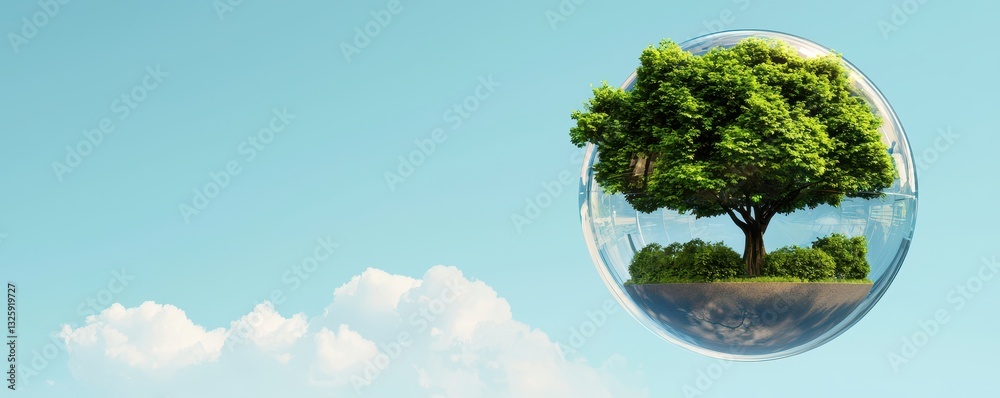 Poster a vibrant tree encapsulated in a transparent bubble against a blue sky, symbolizing nature and envir