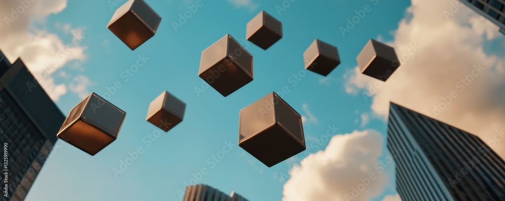 Poster floating cubes in a vivid sky above skyscrapers create a surreal and imaginative urban scene.