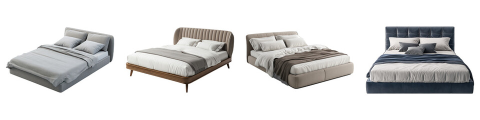 Comfortable bed isolated on transparent background, PNG, Set of