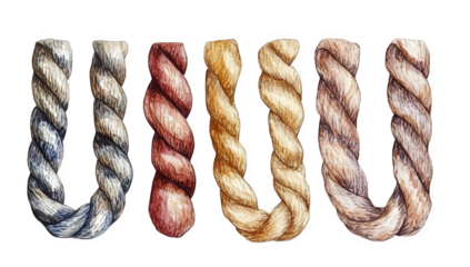 five intricately illustrated ropes each with a unique color and texture showcasing the artistry of rope-making and the diversity of materials used